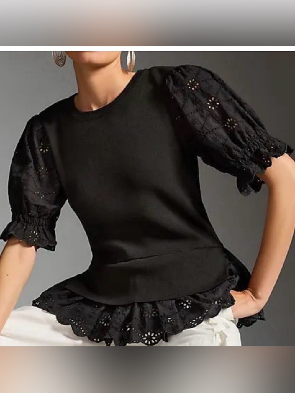 Anthropologie Black Eyelet Peplum Sweater Top